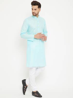 Men'S Aqua Blue And White Cotton Kurta Pyjama Set 2