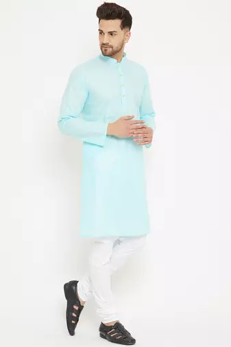 Men'S Aqua Blue And White Cotton Kurta Pyjama Set