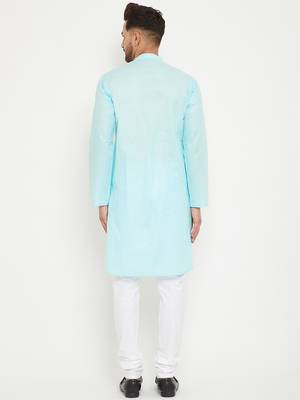 Men'S Aqua Blue And White Cotton Kurta Pyjama Set 3