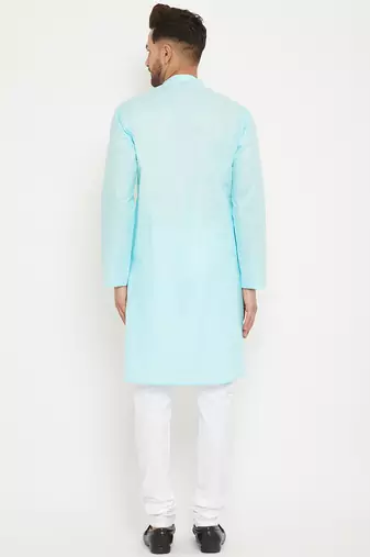 Men'S Aqua Blue And White Cotton Kurta Pyjama Set