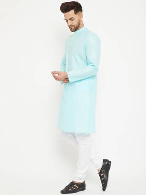 Men'S Aqua Blue And White Cotton Kurta Pyjama Set 4