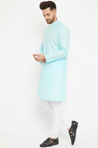 Men'S Aqua Blue And White Cotton Kurta Pyjama Set