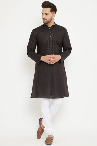 Men'S Black And White Cotton Kurta Pyjama Set