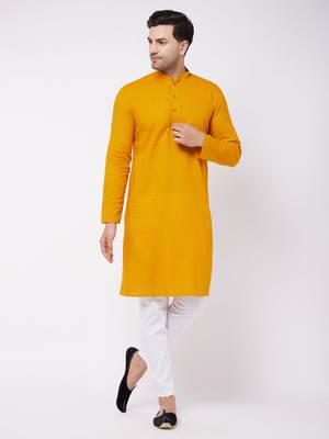 Mustard And White Cotton Linen Kurta Pyjama Set 1