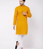 Mustard And White Cotton Linen Kurta Pyjama Set