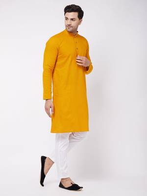 Mustard And White Cotton Linen Kurta Pyjama Set 2