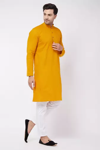 Mustard And White Cotton Linen Kurta Pyjama Set