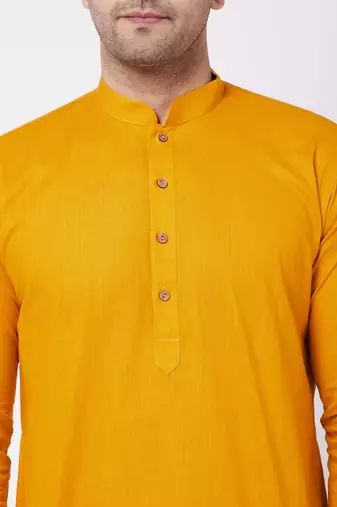 Mustard And White Cotton Linen Kurta Pyjama Set