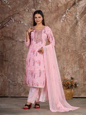 Pink Linen Cotton Embroidered Readymade Trouser Pant Suit 1