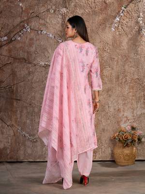 Pink Linen Cotton Embroidered Readymade Trouser Pant Suit 3