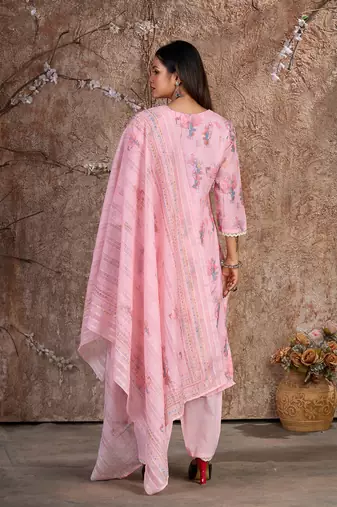 Pink Linen Cotton Embroidered Readymade Trouser Pant Suit