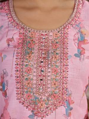 Pink Linen Cotton Embroidered Readymade Trouser Pant Suit 4