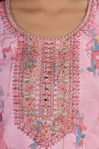 Pink Linen Cotton Embroidered Readymade Trouser Pant Suit