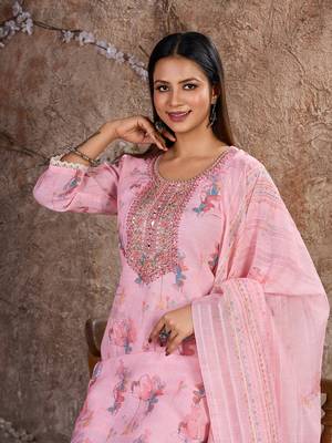 Pink Linen Cotton Embroidered Readymade Trouser Pant Suit 5