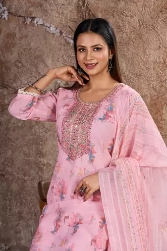 Pink Linen Cotton Embroidered Readymade Trouser Pant Suit