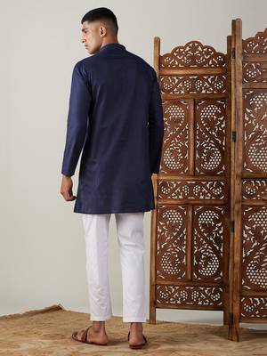 Men'S Navy Blue And White Cotton Blend Kurta Pyjama Set 3