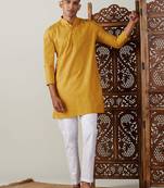 Men'S Mustard And White Cotton Blend Kurta Pyjama Set