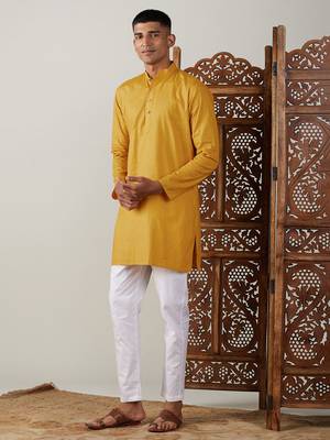 Men'S Mustard And White Cotton Blend Kurta Pyjama Set 2