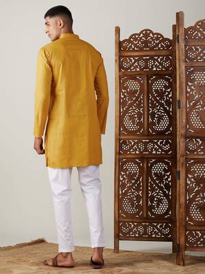 Men'S Mustard And White Cotton Blend Kurta Pyjama Set 3