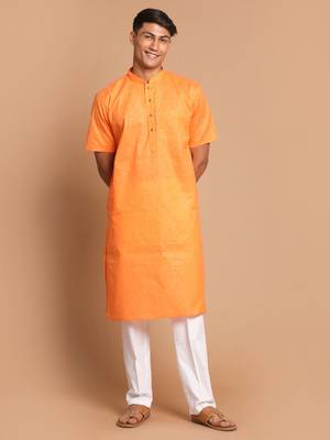Orange And White Cotton Blend Kurta Pyjama Set 1