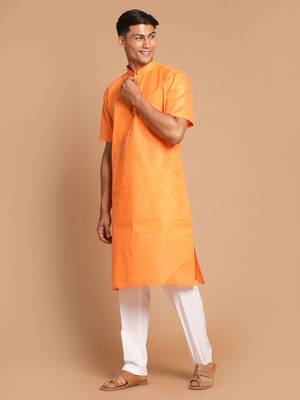 Orange And White Cotton Blend Kurta Pyjama Set 2