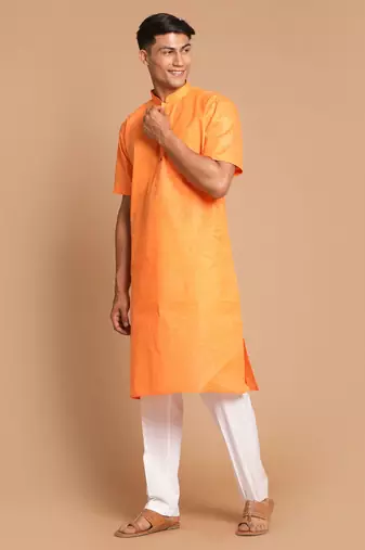 Orange And White Cotton Blend Kurta Pyjama Set