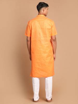 Orange And White Cotton Blend Kurta Pyjama Set 3