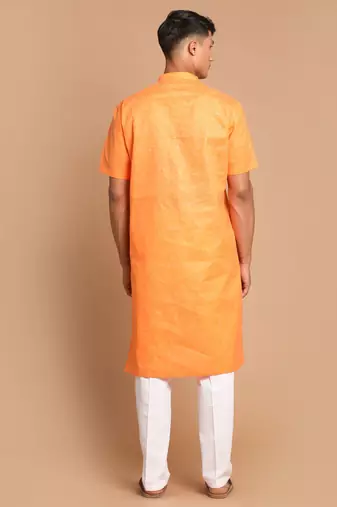 Orange And White Cotton Blend Kurta Pyjama Set