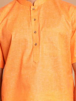 Orange And White Cotton Blend Kurta Pyjama Set 4