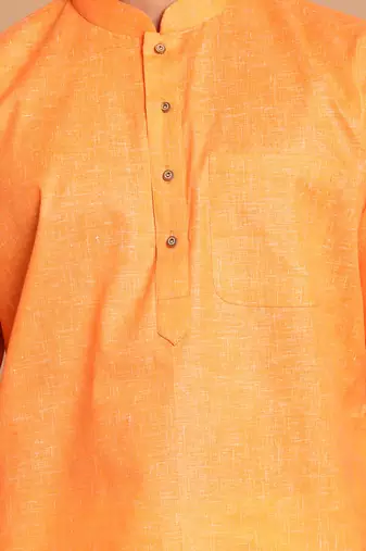 Orange And White Cotton Blend Kurta Pyjama Set