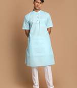 Aqua Blue And White Cotton Blend Kurta Pyjama Set