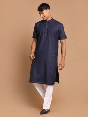 Men'S Navy Blue And White Cotton Blend Kurta Pyjama Set 2