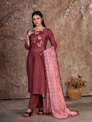 Maroon Silk Cotton Embroidered Readymade Trouser Pant Suit 1