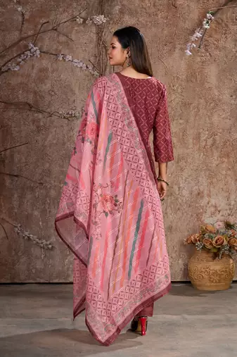 Maroon Silk Cotton Embroidered Readymade Trouser Pant Suit