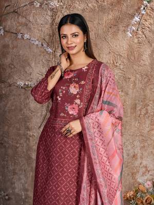 Maroon Silk Cotton Embroidered Readymade Trouser Pant Suit 5