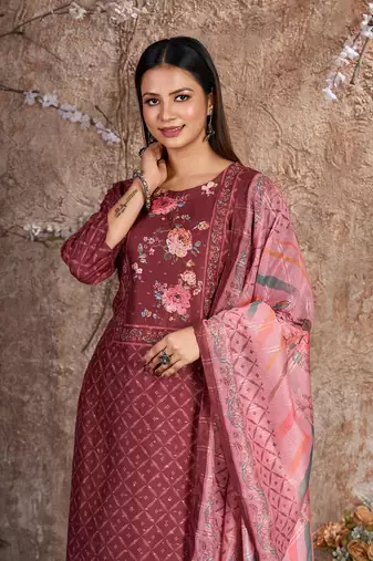 Maroon Silk Cotton Embroidered Readymade Trouser Pant Suit