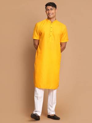 Mustard And White Cotton Blend Kurta Pyjama Set 1