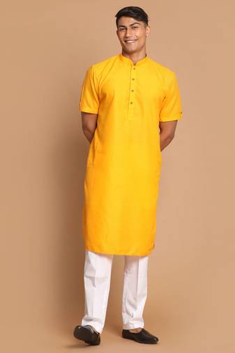 Men'S Mustard And White Cotton Blend Kurta Pyjama Set