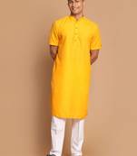 Men'S Mustard And White Cotton Blend Kurta Pyjama Set