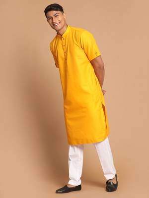 Mustard And White Cotton Blend Kurta Pyjama Set 2