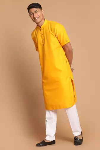 Mustard And White Cotton Blend Kurta Pyjama Set
