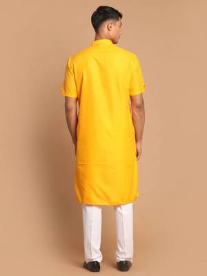 Mustard And White Cotton Blend Kurta Pyjama Set 3