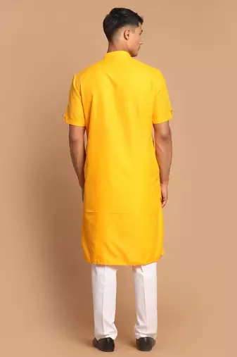 Mustard And White Cotton Blend Kurta Pyjama Set