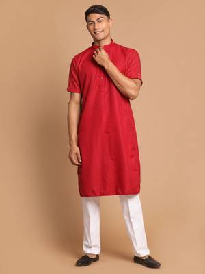 Maroon And White Cotton Blend Kurta Pyjama Set 1
