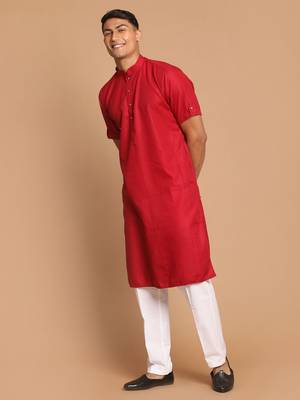 Maroon And White Cotton Blend Kurta Pyjama Set 2