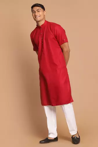 Maroon And White Cotton Blend Kurta Pyjama Set