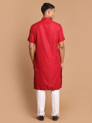 Maroon And White Cotton Blend Kurta Pyjama Set 3