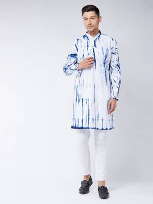 Blue And White Pure Cotton Kurta Pyjama Set 1