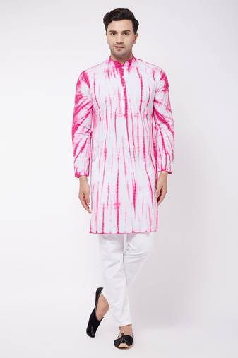 Men'S Pink And White Pure Cotton Kurta Pyjama Set
