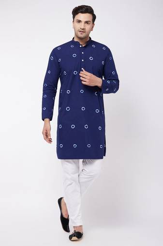 Men'S Blue And White Pure Cotton Kurta Pyjama Set